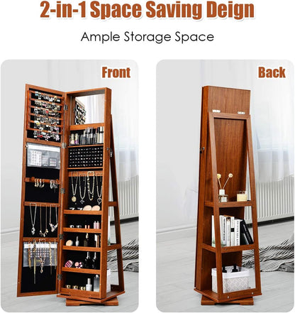 360° Swivel Jewelry Armoire with Full-Length Mirror, Lockable Jewelry Cabinet Organizer with Ample Storage, Integrated Makeup Mirror, and Rear Storage Shelves (Walnut Finish)