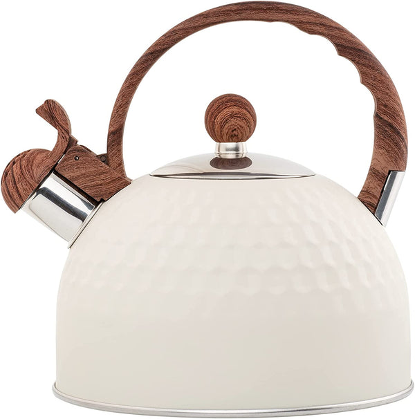 Whistling Stainless Steel Tea Kettle with Wood Grain anti Heat Handle, Cylindrical Wood Grain Stainless Steel Cover, 2.5L, White