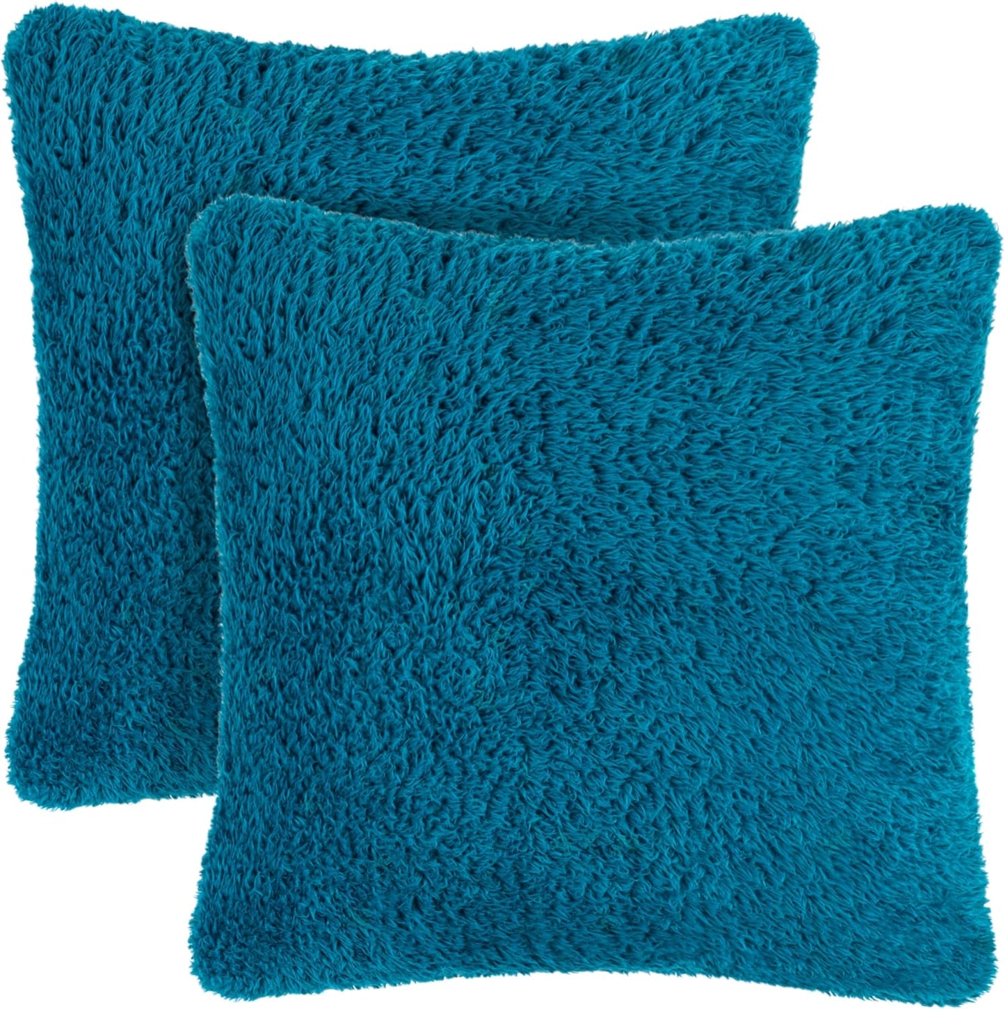 Teal Blue Fluffy Throw Pillow Covers - Set of 2 Soft Faux Fur Decorative Accent Pillow Cases for Bed, Sofa, and Couch, 18x18 Square Sherpa Cushion Covers for Home Decor