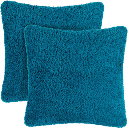 Teal Blue Fluffy Throw Pillow Covers - Set of 2 Soft Faux Fur Decorative Accent Pillow Cases for Bed, Sofa, and Couch, 18x18 Square Sherpa Cushion Covers for Home Decor
