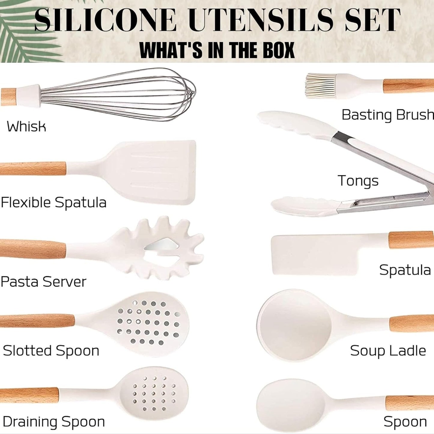White Silicone Cooking Utensils Set - 11 Pcs Nonstick Kitchen Utensils Set with Holder - Heat-Resistant, BPA Free Spatula Set with Heat Resistant Wood Handles for Nonstick Cookware