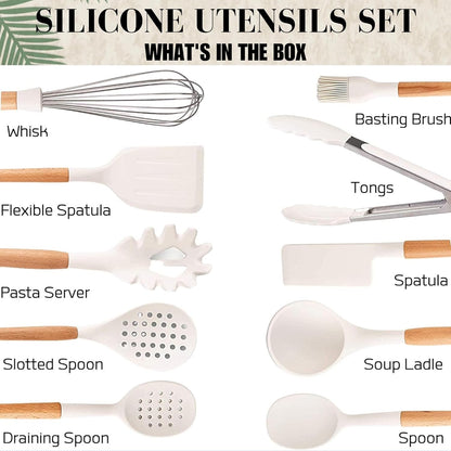 White Silicone Cooking Utensils Set - 11 Pcs Nonstick Kitchen Utensils Set with Holder - Heat-Resistant, BPA Free Spatula Set with Heat Resistant Wood Handles for Nonstick Cookware