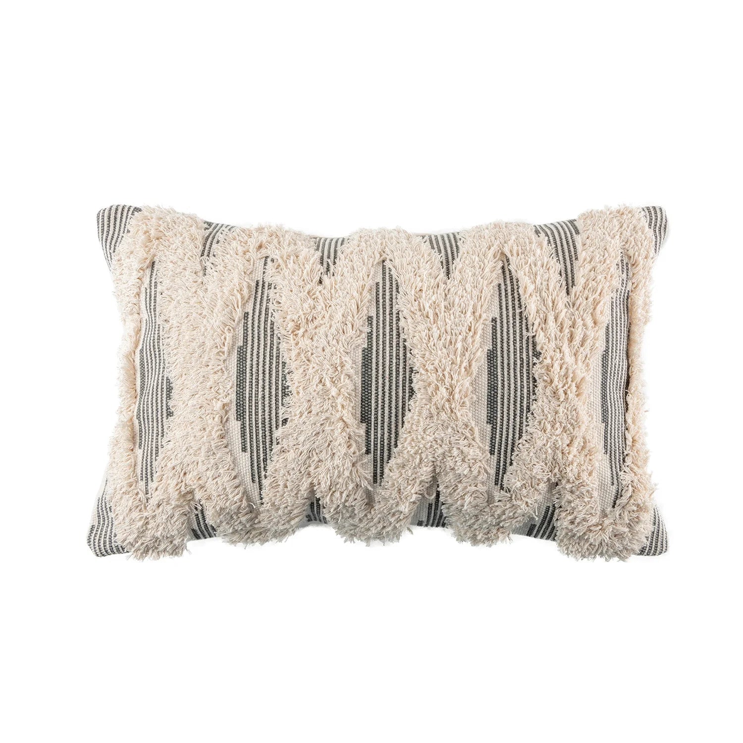 Bohemian Woven Cross Tufted Decorative Throw Pillow, 12" x 20", Gray and Beige, Single Pack
