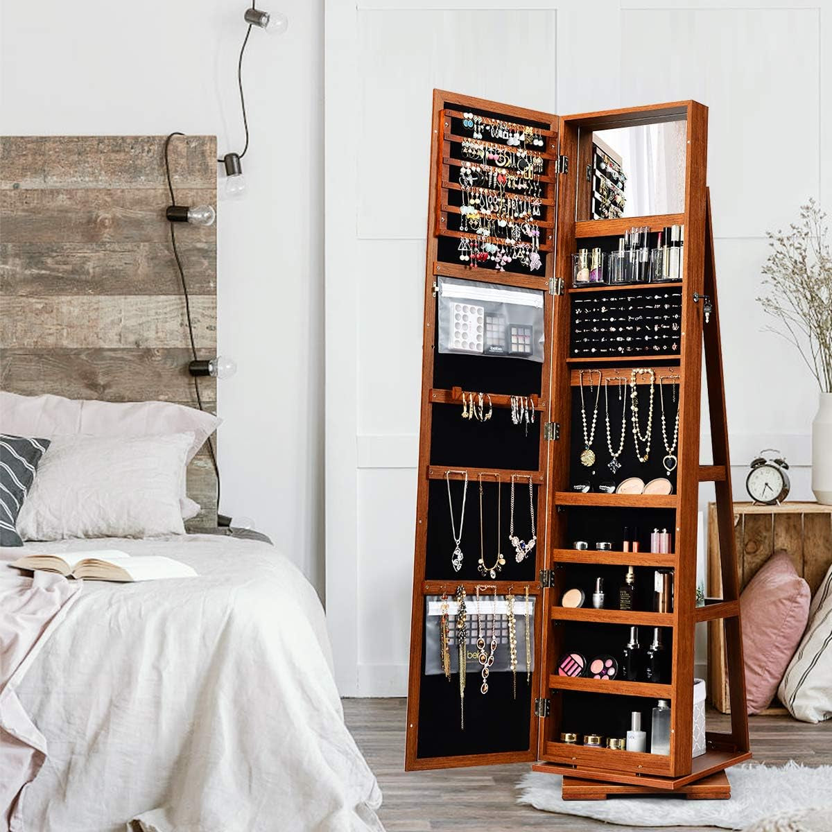 360° Swivel Jewelry Armoire with Full-Length Mirror, Lockable Jewelry Cabinet Organizer with Ample Storage, Integrated Makeup Mirror, and Rear Storage Shelves (Walnut Finish)
