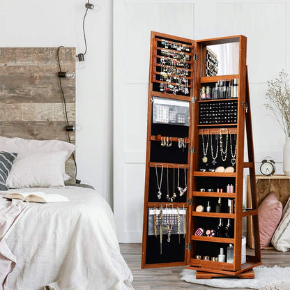 360° Swivel Jewelry Armoire with Full-Length Mirror, Lockable Jewelry Cabinet Organizer with Ample Storage, Integrated Makeup Mirror, and Rear Storage Shelves (Walnut Finish)