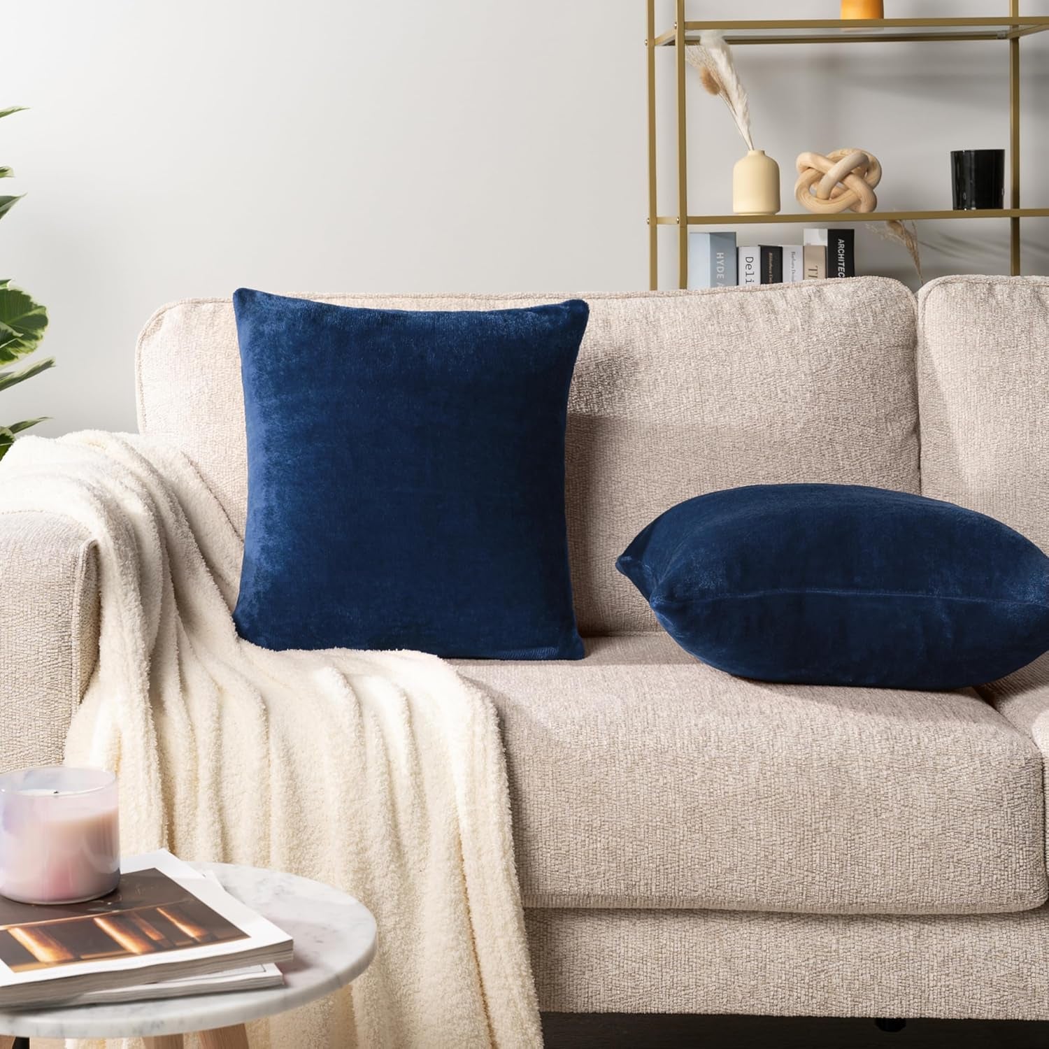 Set of 2 Navy Blue Velvet Throw Pillow Covers 18x18 - Decorative Cushion Cases for Sofa, Bed, and Living Room, Boho Aesthetic Accent Decor