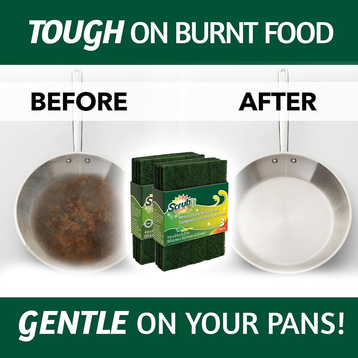 Heavy-Duty Non-Scratch Scouring Pads for Household Cleaning - Reusable Anti-Grease Scrubber, Green, 6-Pack