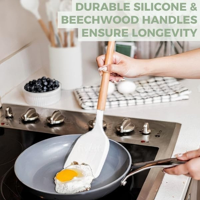 White Silicone Cooking Utensils Set - 11 Pcs Nonstick Kitchen Utensils Set with Holder - Heat-Resistant, BPA Free Spatula Set with Heat Resistant Wood Handles for Nonstick Cookware