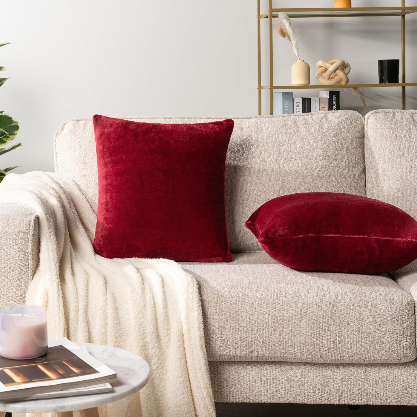 Set of 2 Maroon Red Velvet Throw Pillow Covers 18x18 - Decorative Cushion Cases for Sofa, Bed, and Living Room in Boho Aesthetic Design