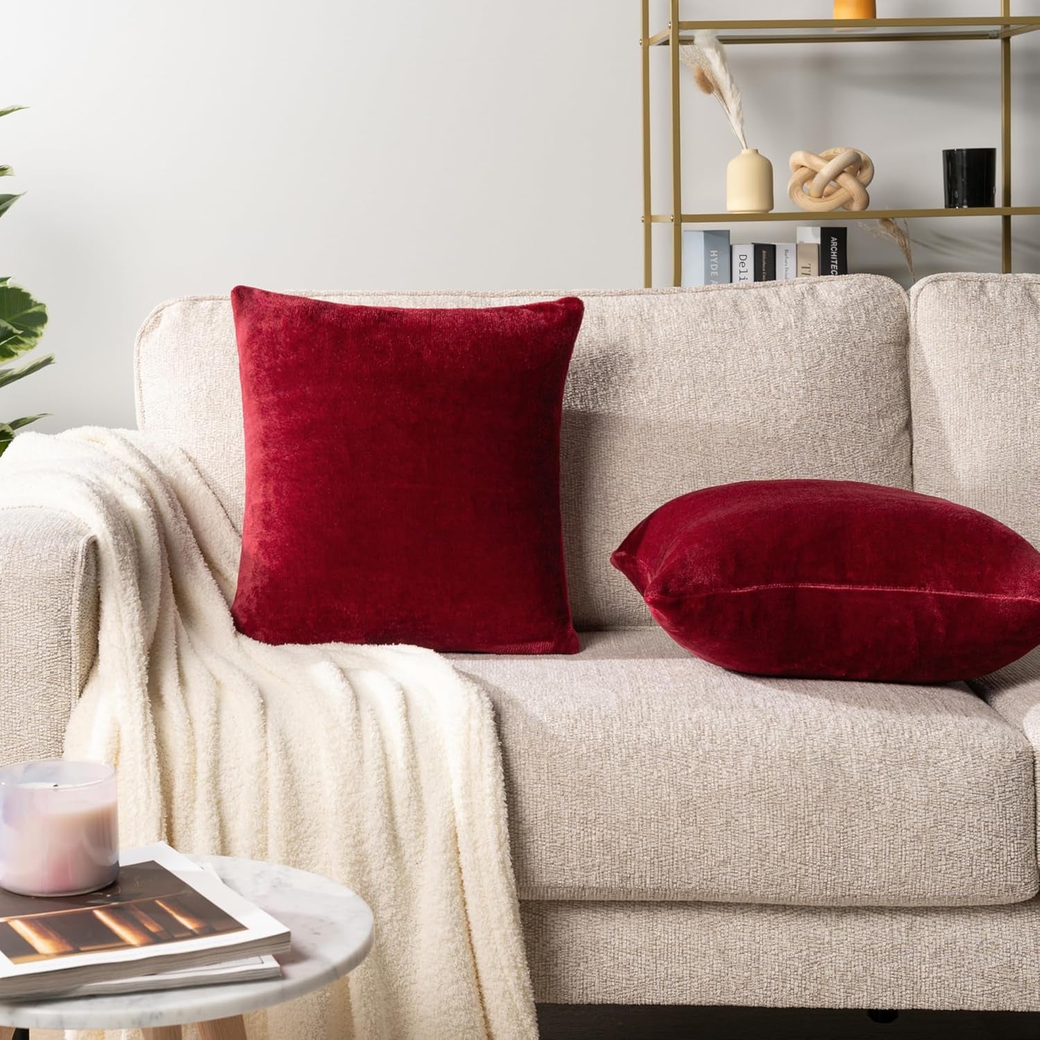 Set of 2 Maroon Red Velvet Throw Pillow Covers 18x18 - Decorative Cushion Cases for Sofa, Bed, and Living Room in Boho Aesthetic Design