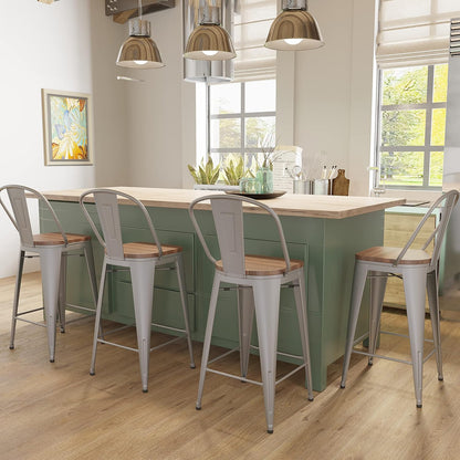 Set of 4 Metal Bar Stools, 24-Inch Counter Height with Backs, Farmhouse Design, Larger Seat High Back Kitchen Dining Chairs, Modern Silver Bar Chairs