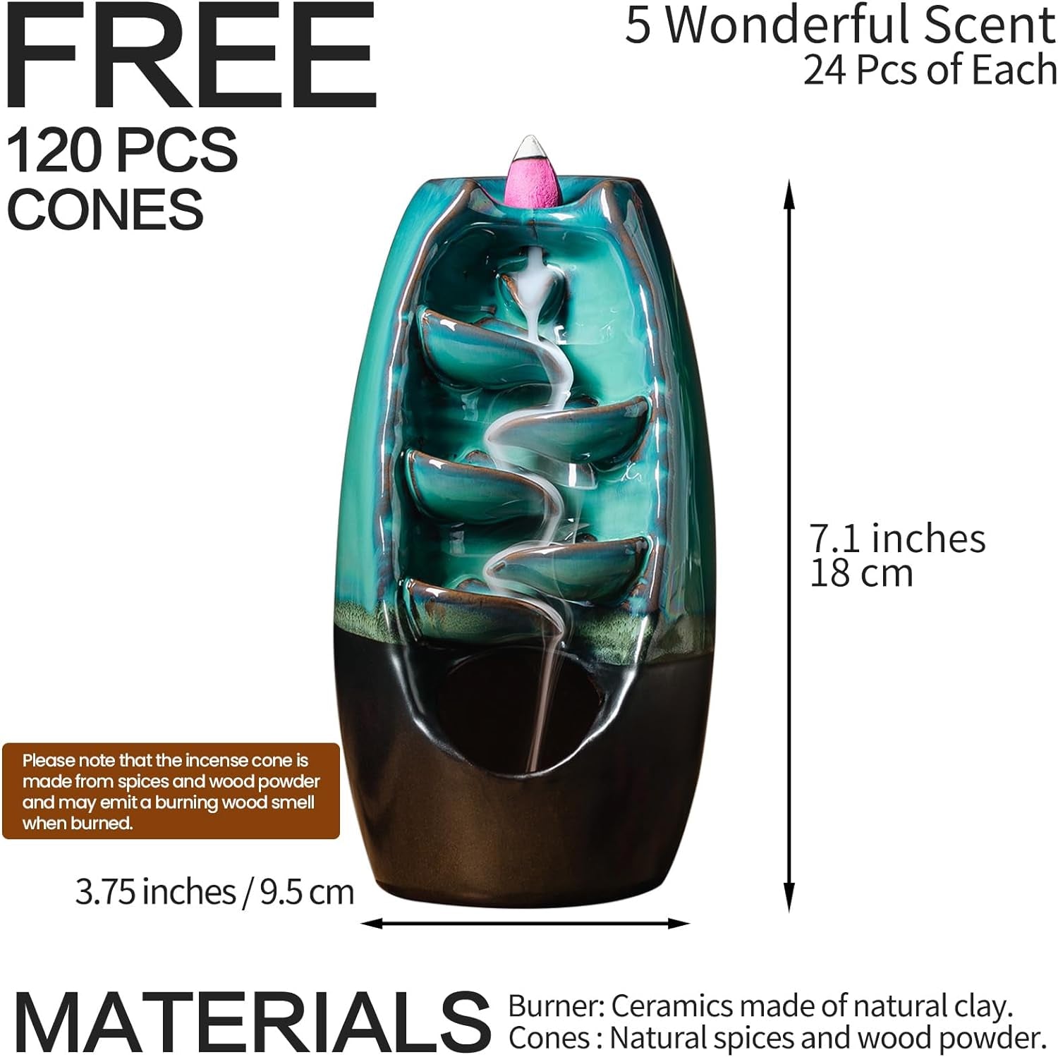 Ceramic Incense Burner with 120 Cones, Waterfall Backflow Incense Holder, Aromatherapy Ornament, Zen Decor, Home Decor, Room Decor (Cyan)
