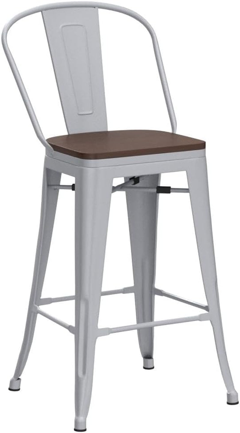 Set of 4 Metal Bar Stools, 24-Inch Counter Height with Backs, Farmhouse Design, Larger Seat High Back Kitchen Dining Chairs, Modern Silver Bar Chairs