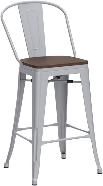 Set of 4 Metal Bar Stools, 24-Inch Counter Height with Backs, Farmhouse Design, Larger Seat High Back Kitchen Dining Chairs, Modern Silver Bar Chairs