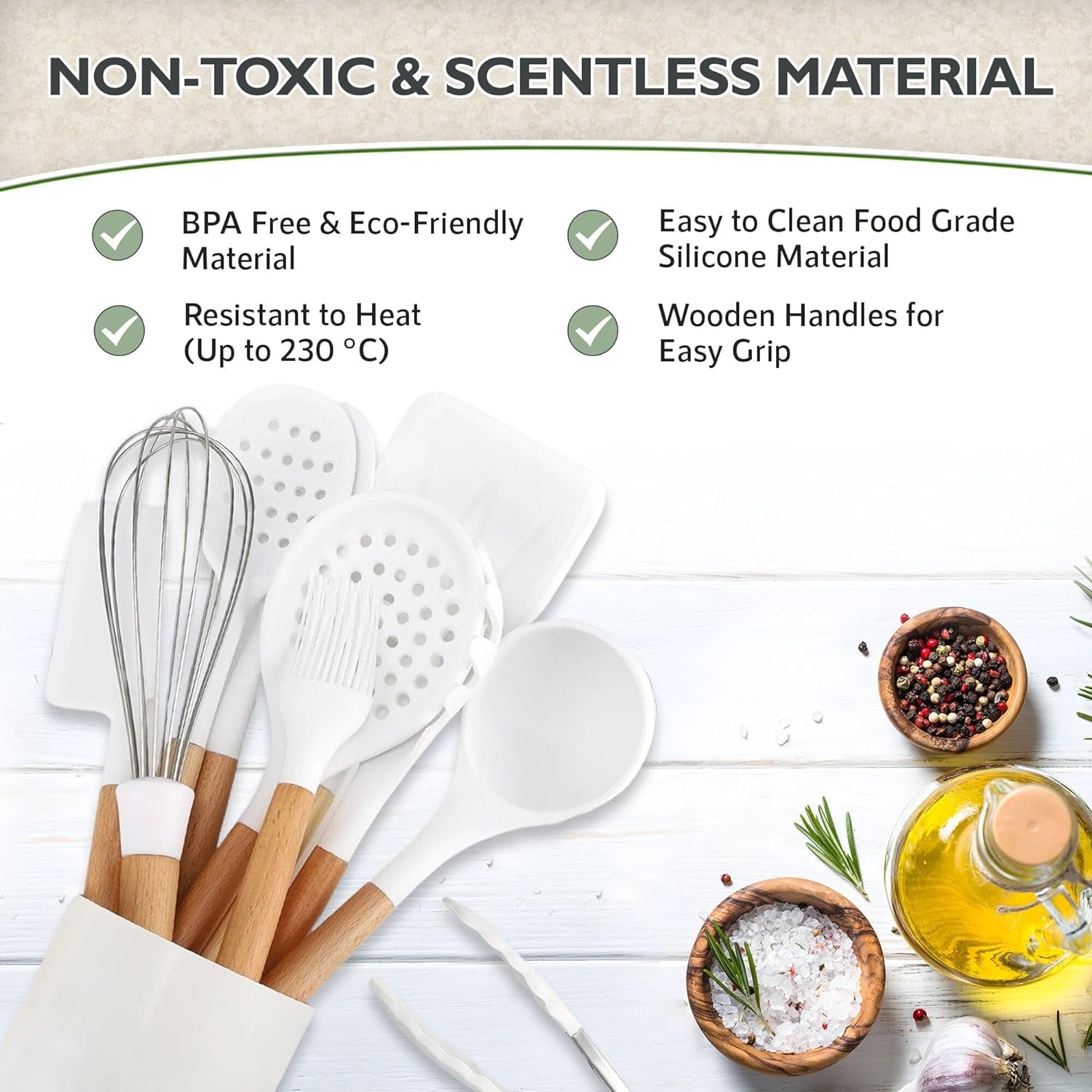 White Silicone Cooking Utensils Set - 11 Pcs Nonstick Kitchen Utensils Set with Holder - Heat-Resistant, BPA Free Spatula Set with Heat Resistant Wood Handles for Nonstick Cookware