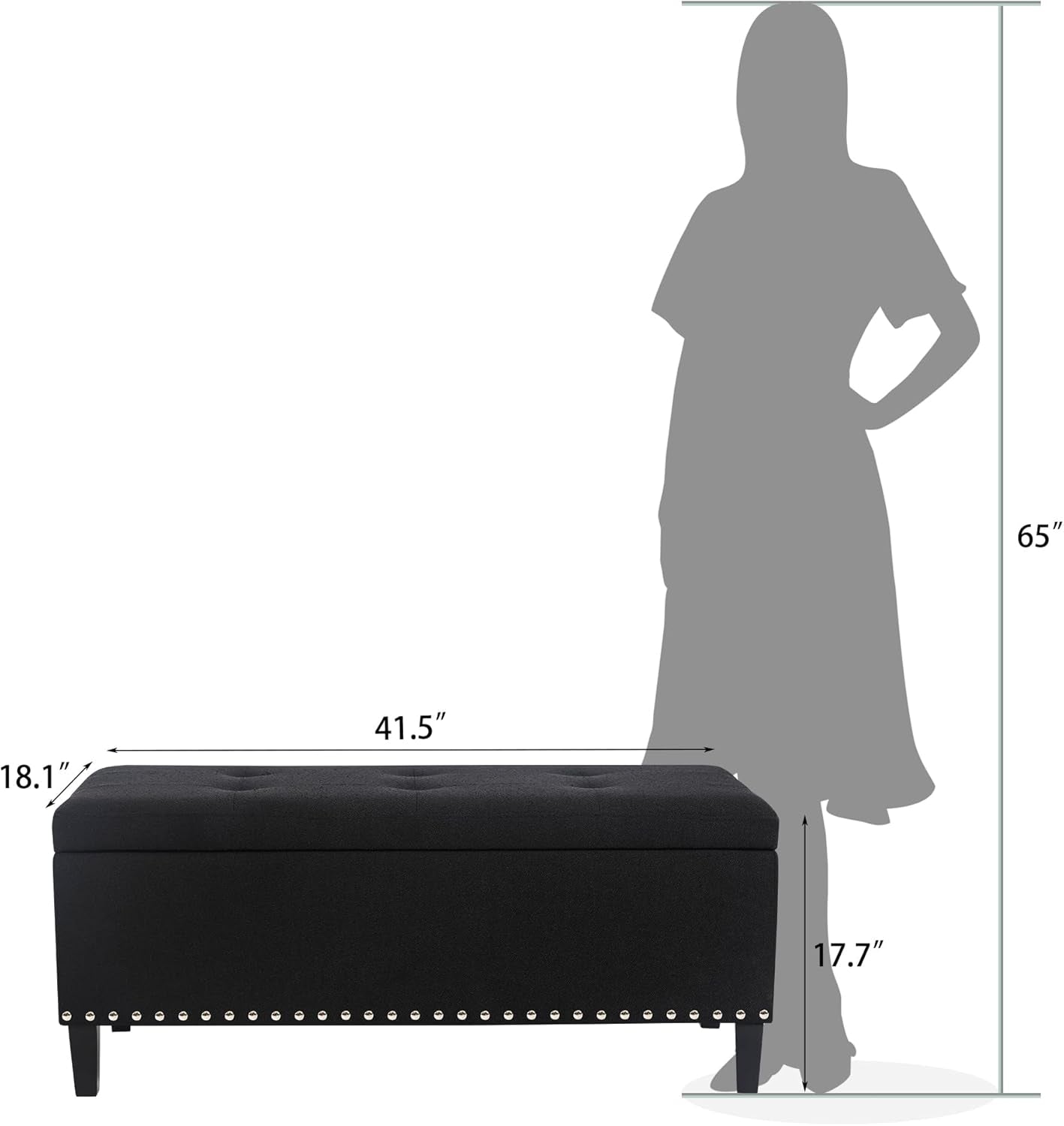 41-Inch Rectangular Tufted Storage Ottoman Bench in Black Cotton Linen for Bedroom or End of Bed Use