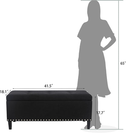 41-Inch Rectangular Tufted Storage Ottoman Bench in Black Cotton Linen for Bedroom or End of Bed Use