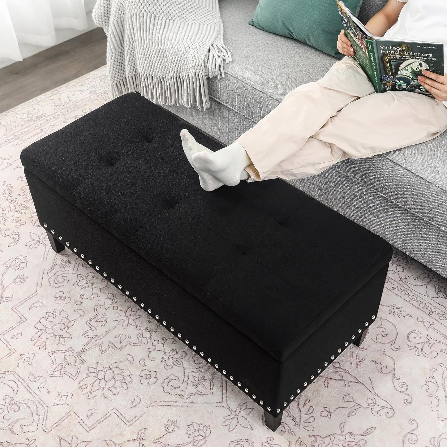 41-Inch Rectangular Tufted Storage Ottoman Bench in Black Cotton Linen for Bedroom or End of Bed Use