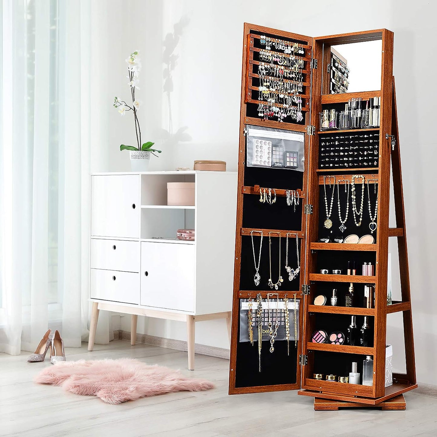 360° Swivel Jewelry Armoire with Full-Length Mirror, Lockable Jewelry Cabinet Organizer with Ample Storage, Integrated Makeup Mirror, and Rear Storage Shelves (Walnut Finish)