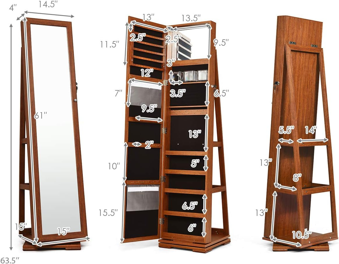 360° Swivel Jewelry Armoire with Full-Length Mirror, Lockable Jewelry Cabinet Organizer with Ample Storage, Integrated Makeup Mirror, and Rear Storage Shelves (Walnut Finish)