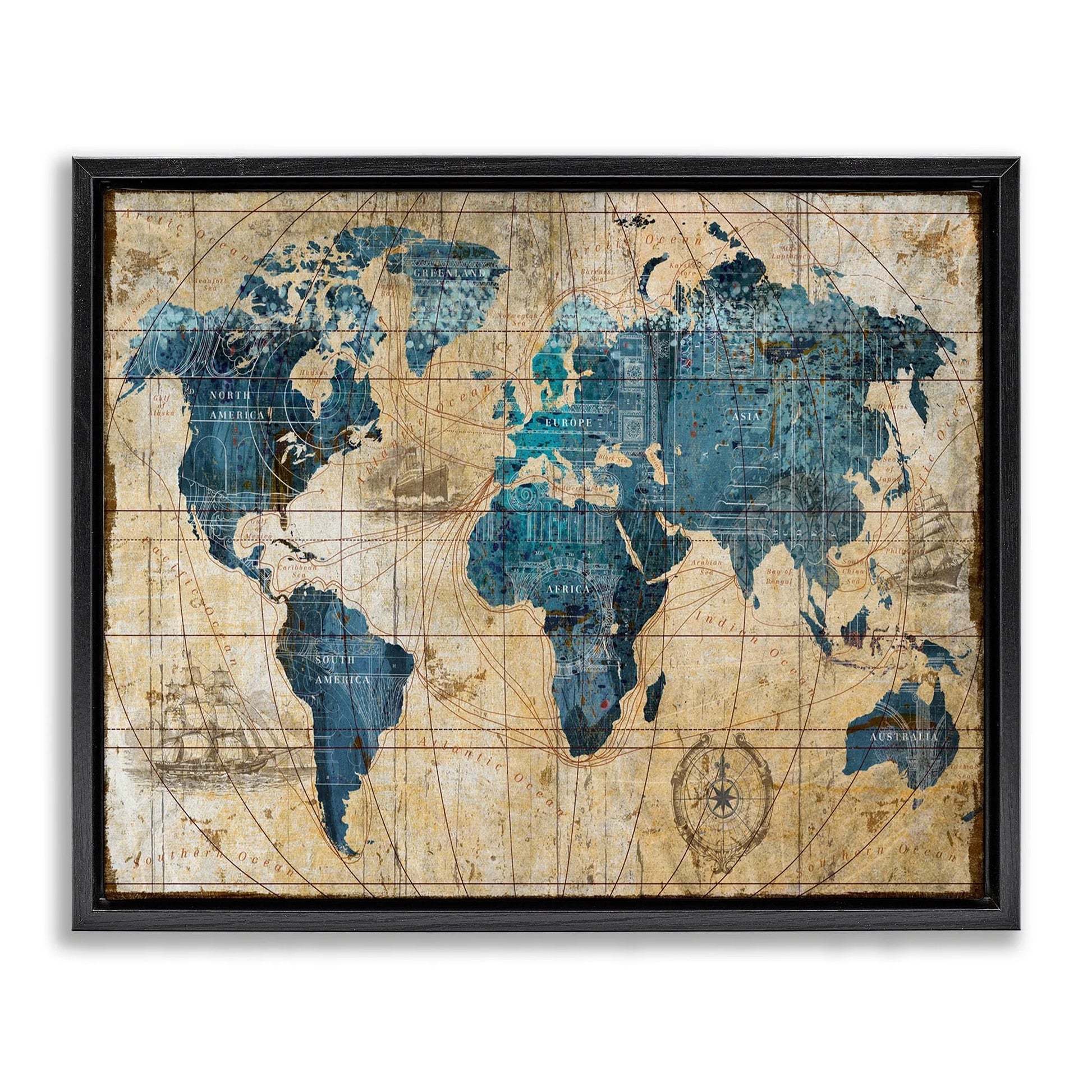 Vintage Abstract World Map Design Jet Black Framed Floating Canvas Wall Art, 16X20, by Art Licensing Studio