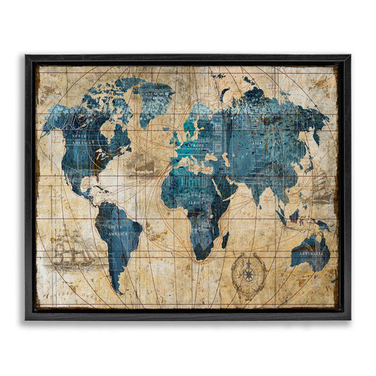 Vintage Abstract World Map Design Jet Black Framed Floating Canvas Wall Art, 16X20, by Art Licensing Studio